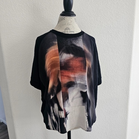 All Saints Tops - All Saints Black and Orange Graphic Crew Neck Wool & Silk Oversized T-Shirt